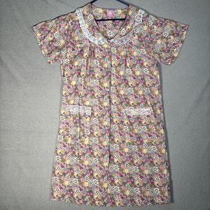 Carols Collection Mumu Housedress‎ M Pastel Pink Floral Lace Pearl Snaps Ditsy